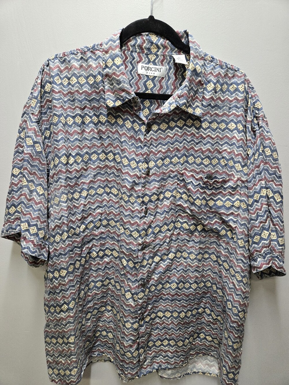 Porcini 100% Silk Mens XL Button Down Short Sleeve Red Blue Shirt Hawaiian Style